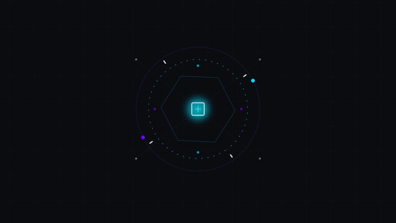 Futuristic Digital Interface with Rotating Hexagonal HUD Elements