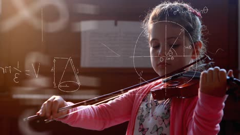 mathematical equations floating against girl playing the violin