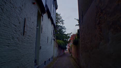 european small and narrow street with houses in the evening, cinematic walkthrough walking walk