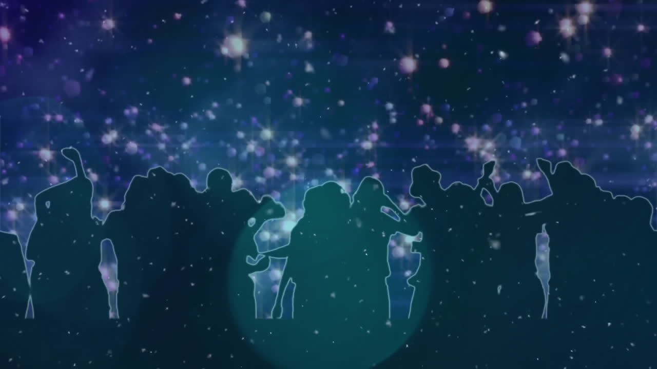 Silhouetted crowd against starry night sky with glowing lights animation