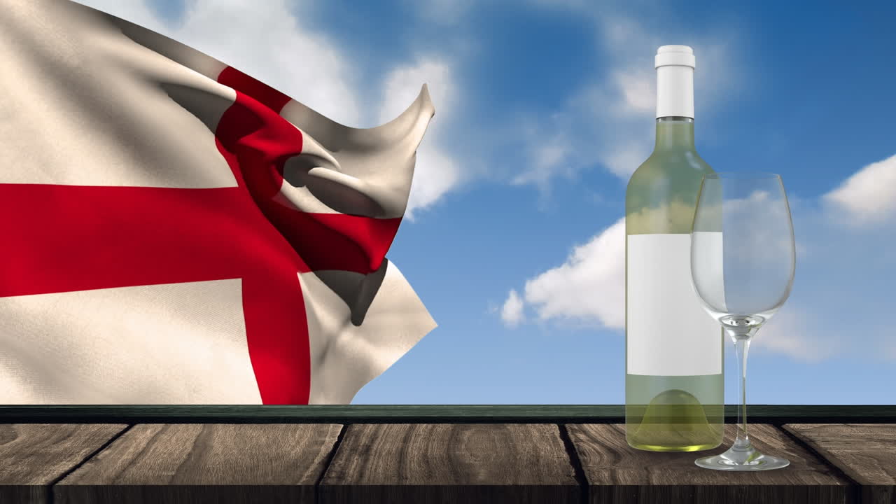 하 ⁇  와인 병, 유리 및 잉글랜드의  ⁇ 발이 구름과 함께 배경 위에 흔들리는 애니메이션