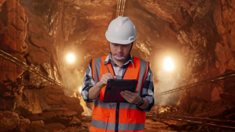 asian male engineer with safety helmet taking note on the tablet and looking around while standing in underground mine tunnel