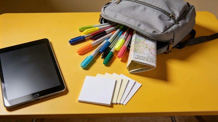 Panning cam filming planning supplies on yellow desk, tablet, sticky notes, gray pouch, markers