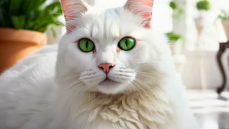 a white cat with green eyes laying on the floor