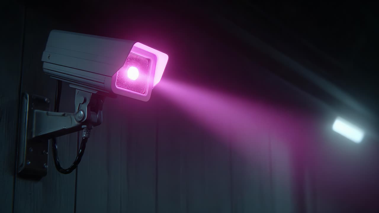 A High-Tech Surveillance Camera Emitting a Vibrant Pink Light in a Darkened Environment, Showcasing Modern Security Technology and Its Unique Design Features