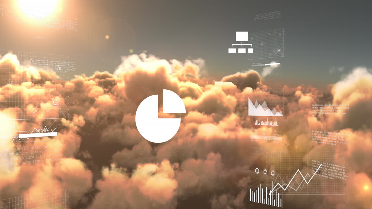 빛나는 태양과 하늘의 구름에 대한 데이터 처리의 애니메이션