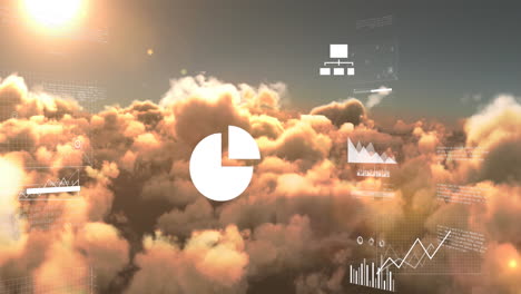 animación del procesamiento de datos contra el sol brillante y las nubes en el cielo.