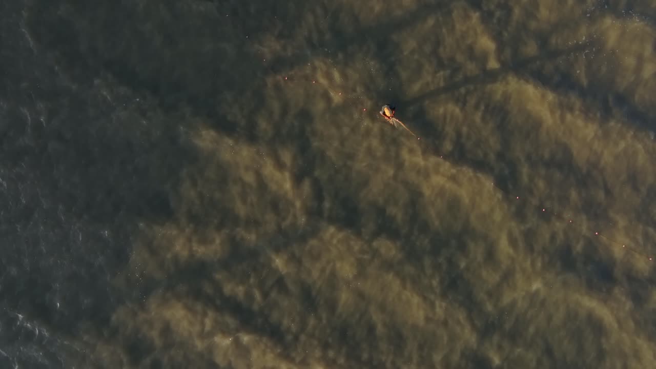 Fisker sjekker garnene sine i grunt morgenfjære, Thailand