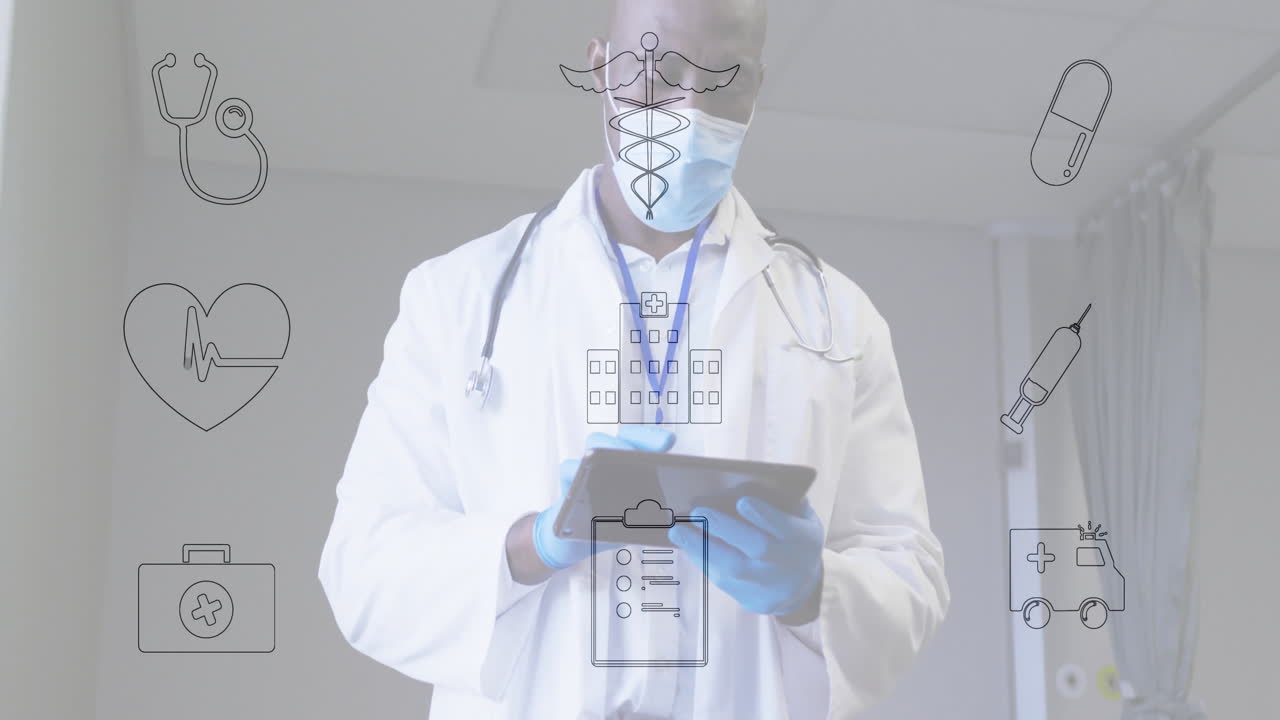Medico che tiene un tablet in clinica, mostrando tecnologia sanitaria con icone mediche fluttuanti.