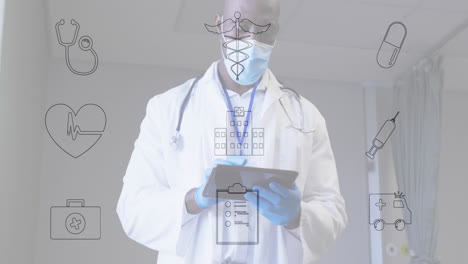male doctor holding tablet in clinic, showcasing health technology with floating medical icons