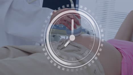 fast moving hands on clock over caucasian female doctor and pregnant patient having ultrasound scan