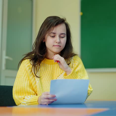 beautiful schoolgirl in the classroom. teen student is sitting alone in the classroom and studying on the school blackboard background. education concept.