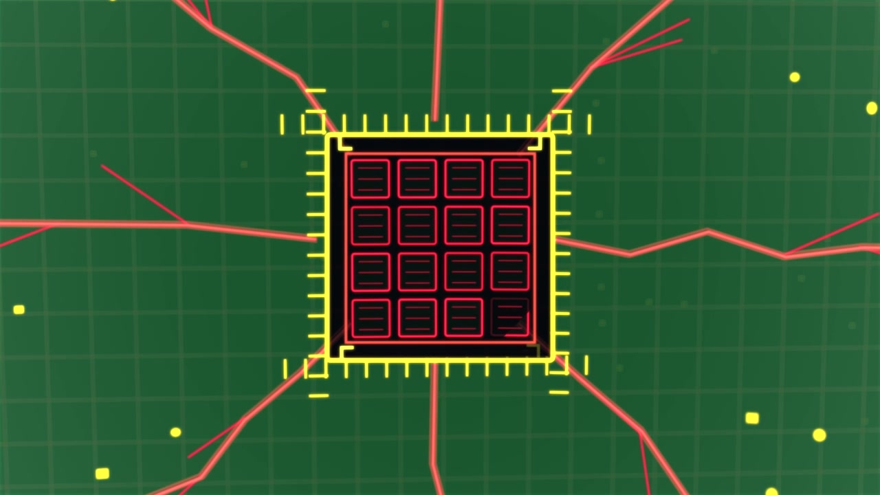 Appare un triangolo, si forma un chip e irradia tracce rosse su una griglia trasparente, attivando la rete.