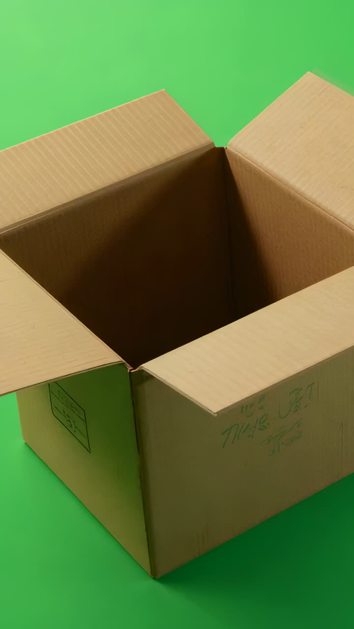 Vertical video: Panning camera at sequence start on green backdrop, showing box interior and label