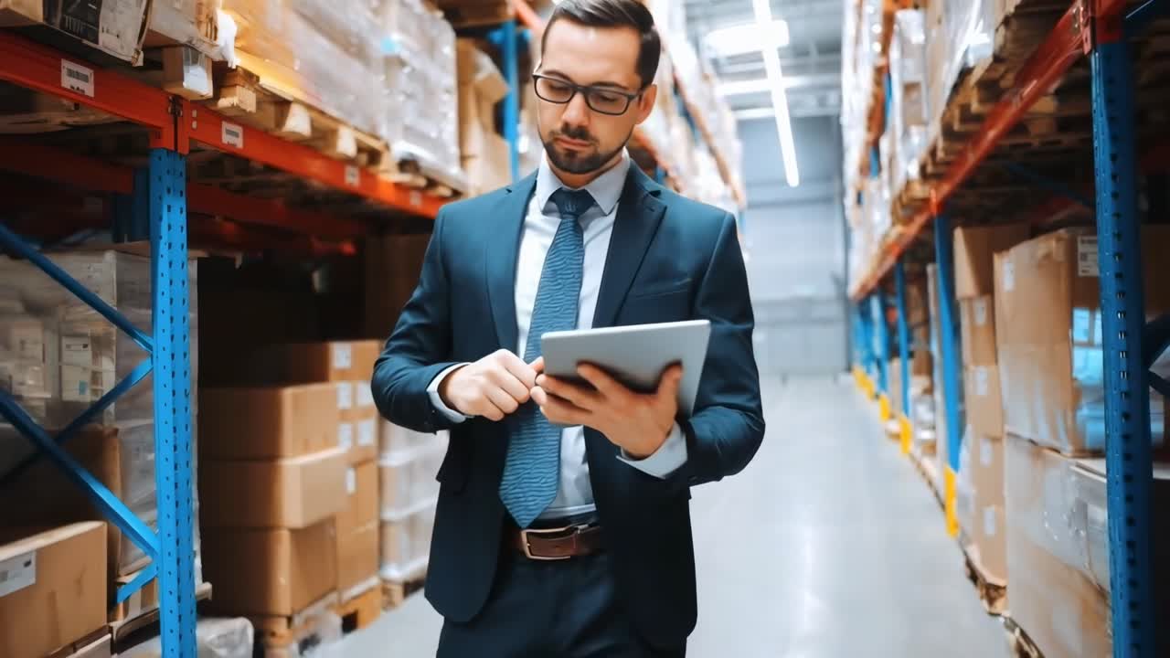 Video dal basso di un uomo d'affari in un magazzino, che tiene un tablet e mostra la gestione dell'inventario