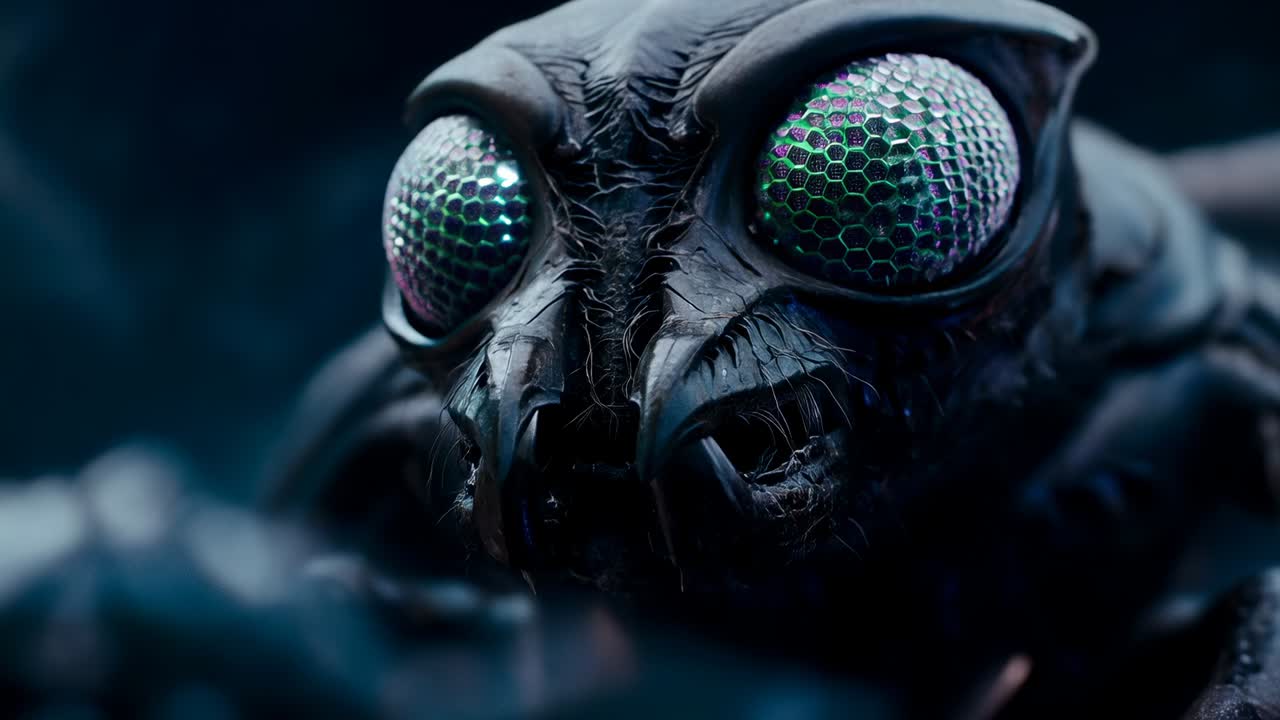 Bevægelig kameraoptagelse afslører insekthoved med iriserende øjne i et studie og skifter fokus til kindbakkerne