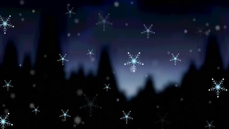 Animation-of-snowflakes-and-falling-snow-in-evening-over-silhouetted-trees-at-christmas-time