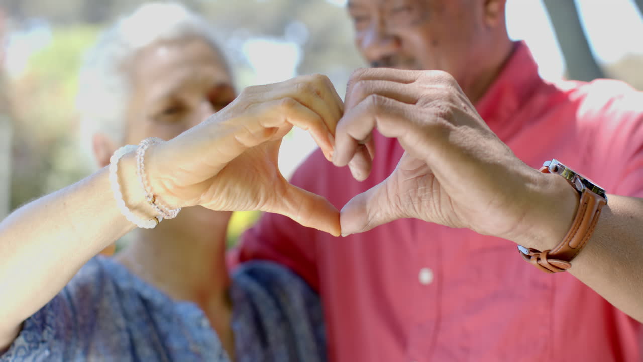 retrato de una feliz pareja biracial haciendo un gesto cardíaco en un jardín soleado en casa, en cámara lenta