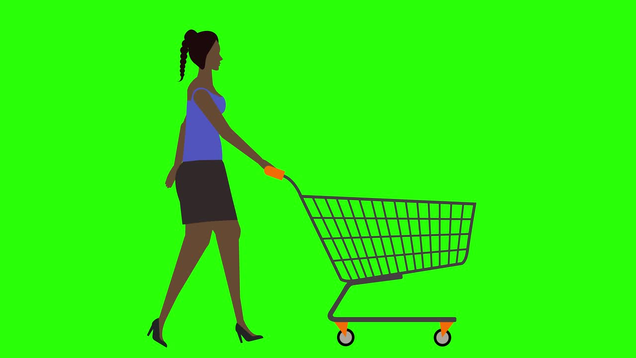 mujeres caminando en bicicleta bucle sin costuras, tirando del carrito de compras, pantalla verde animación de clave croma, diseño plano