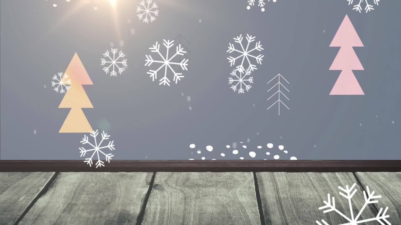 animación de copos de nieve cayendo sobre árboles de navidad y patrón con superficie de madera