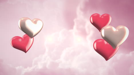 vuela corazones de san valentín rojos y blancos en el cielo de nubes rosadas