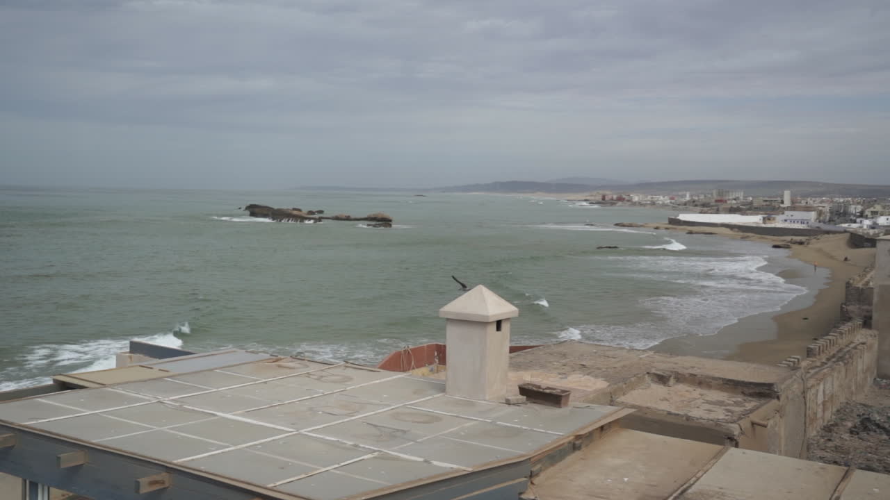 gaviota volando sobre el océano en calma cerca de la ciudad portuaria de essaouira en marruecos