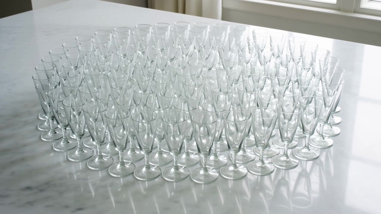 High-angle oblique view showing dense, organized field of empty clear stemmed glasses arranged in tight grid on glossy white marble table near bright window, with soft daylight, crisp reflections