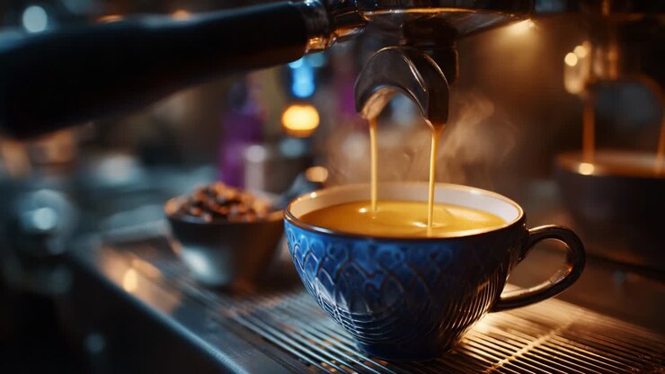 Preparare la tazza perfetta: vista ravvicinata dell'estrazione dell'espresso con la ricca crema che si forma in una bellissima tazza di ceramica, il tutto sullo sfondo accogliente di chicchi e strumenti per la preparazione del caffè