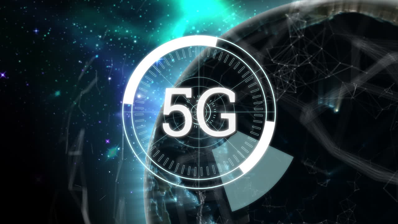 animazione di 5g e cerchio di elaborazione su globo rotante