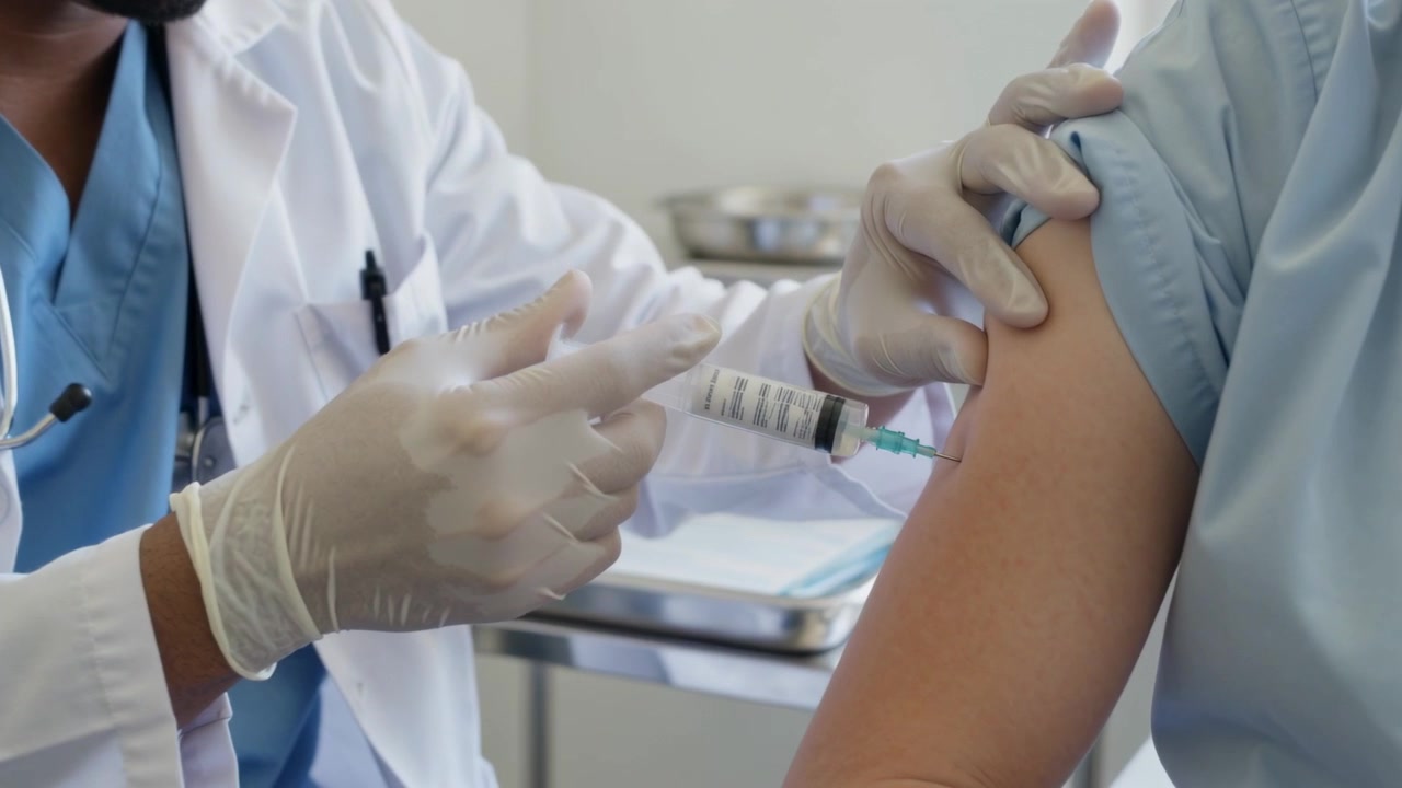 Preparing syringe, clinician in white coat, blue scrubs steadying patient arm in clinic for vaccine