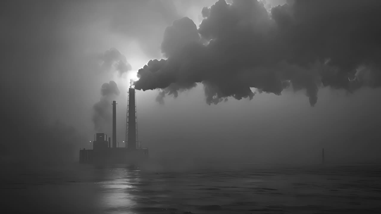 Industrial Plant Emitting Smoke in Monochromatic Landscape