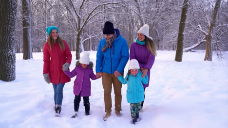 family walking in a snowy winter park