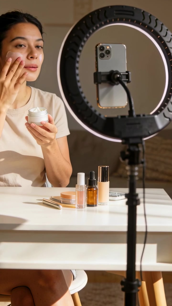 Video verticale: Creatore di contenuti con maglietta a maniche corte che applica crema a casa con un telefono con ringlight.