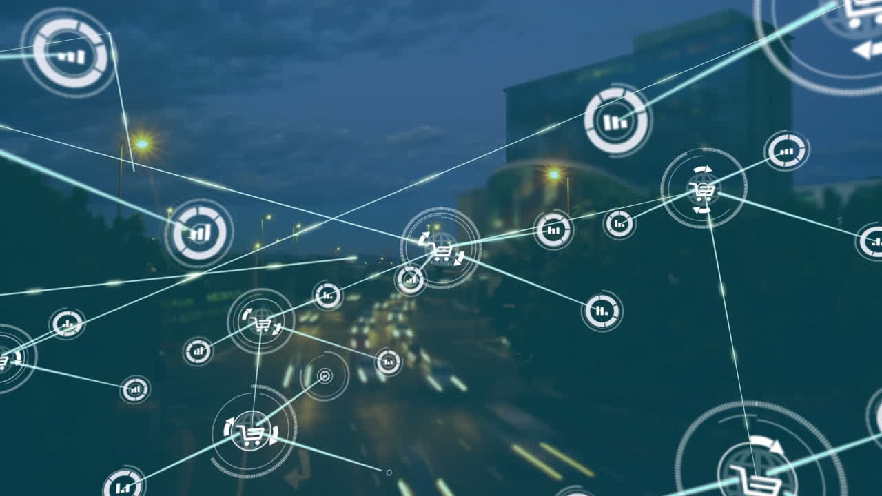 Animazione di elaborazione di statistiche e rete di connessioni su paesaggio urbano