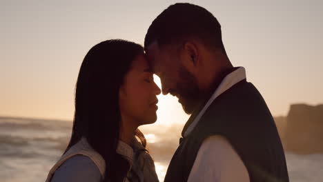 Sunset,-beach-and-couple-with-face-together-by