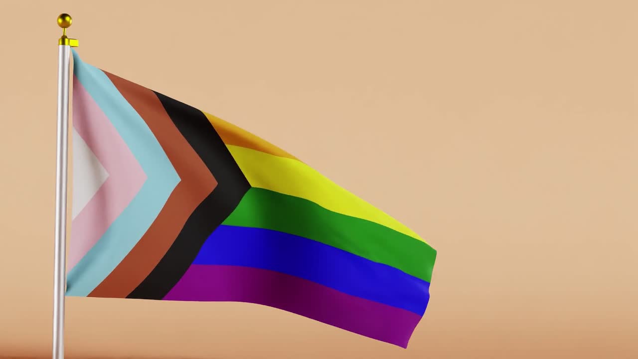 Progress pride flag waving on pole against solid yellow background. Fabric texture with rainbow colors and chevron stripes in blue, pink, white, brown, and black. LGBTQ+ identity and equality concept