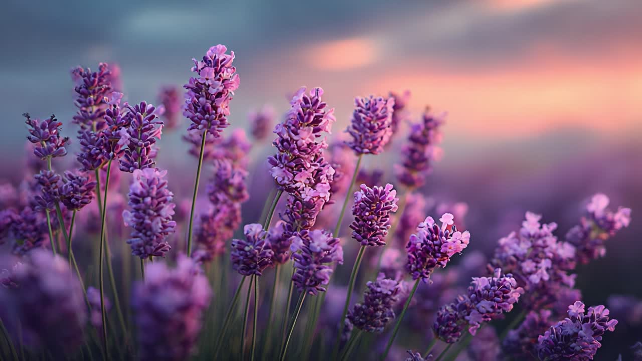 A Captivating Display of Lavender Fields at Dusk: Embracing the Tranquility of Nature's Purple Blossoms Under a Beautiful Sunset Sky