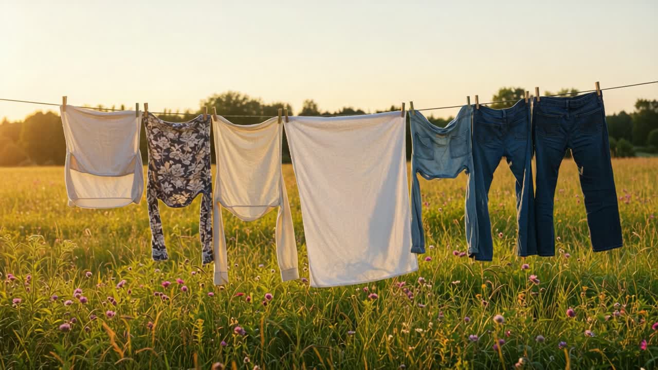 A Beautiful Evening Scene of Freshly Washed Clothes Hanging on a Clothesline in a Lush Green Field Under a Golden Sunset, Capturing the Essence of Outdoor Drying and Nature's Simplicity