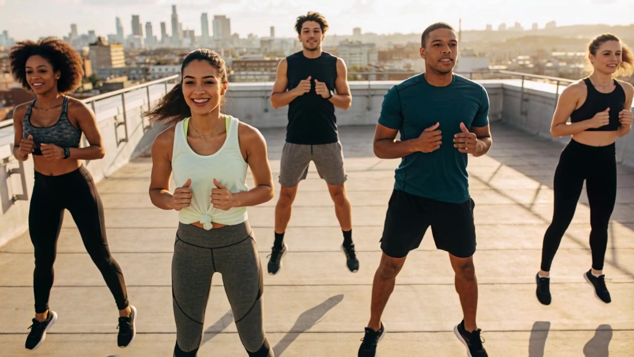 Donna al centro che guida e fa un segnale, cinque persone che fanno salti cardio in sincronia in abbigliamento sportivo su un tetto, con lo skyline.