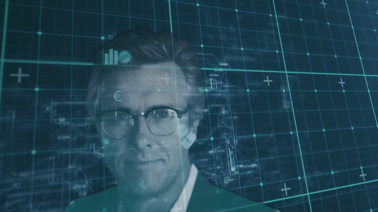 Animasjon av portrett av forretningsmann over databehandling på rutenett