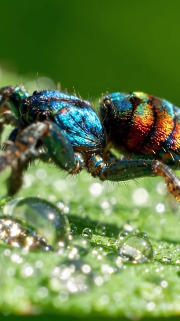 A Close-Up Exploration of a Vibrant Spider Captured in Stunning Detail, Showcasing Its Intricate Features and the Glimmering Water Droplets Around It