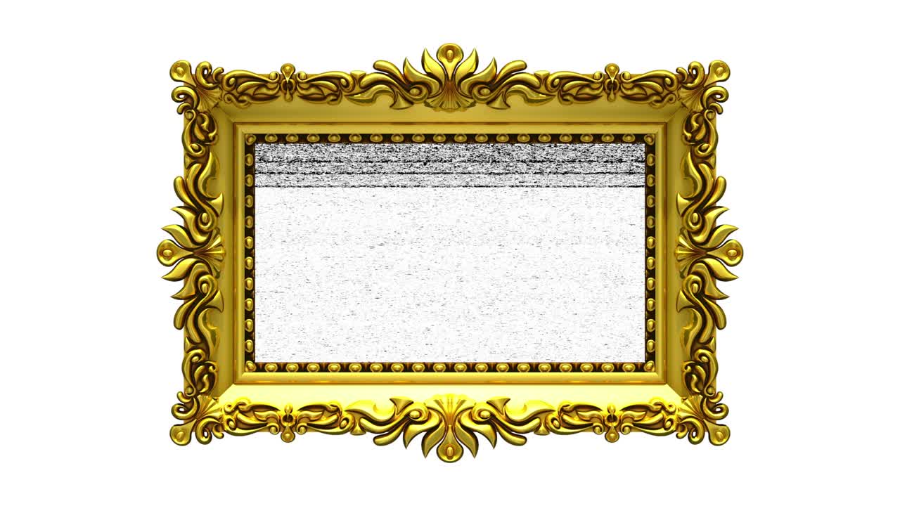 fondo blanco. el ruido de la televisión y la tecla de croma verde se reproducen en la pantalla en un marco de imagen dorado adornado. intro animado en 3d.