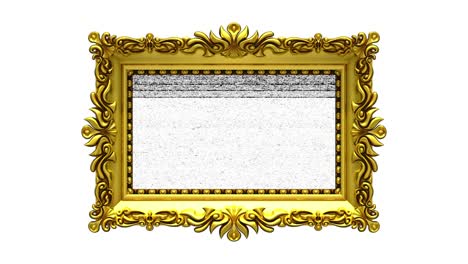 fondo blanco. el ruido de la televisión y la tecla de croma verde se reproducen en la pantalla en un marco de imagen dorado adornado. intro animado en 3d.