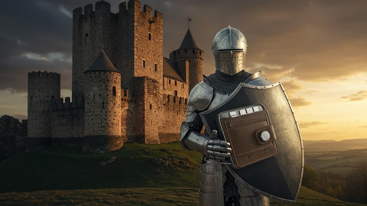 A Knight in Shining Armor Stands Guard Outside a Majestic Castle During a Beautiful Sunset, Symbolizing Valor and Medieval Heritage