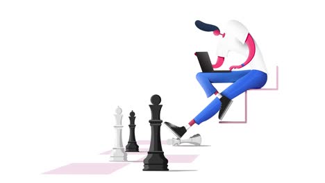 seamless loop. 4 different color variations of the animation of a man with a stylish haircut playing chess. blue, red, black.