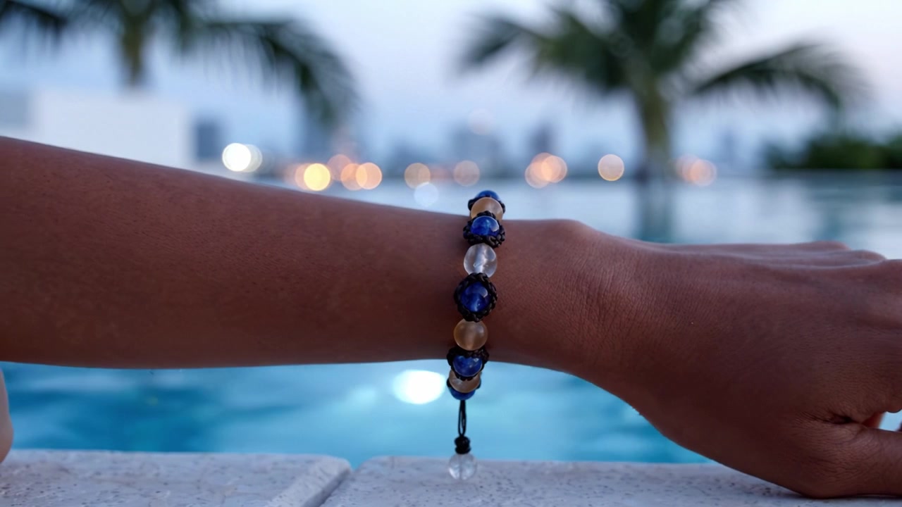 Mano elegante adornata con un bellissimo braccialetto, che mostra una miscela di perline blu e dorate su uno sfondo sereno di piscina al crepuscolo.