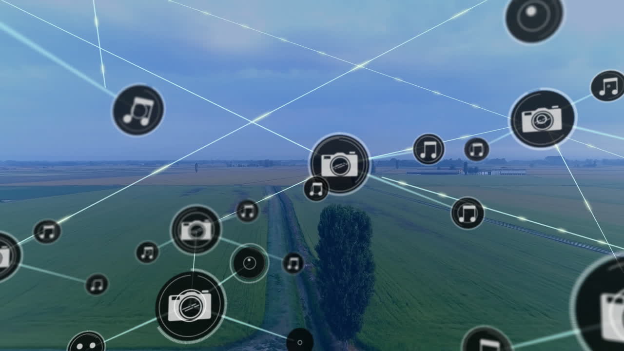 풍경 위에 카메라 아이콘을 가진 연결 네트워크의 애니메이션