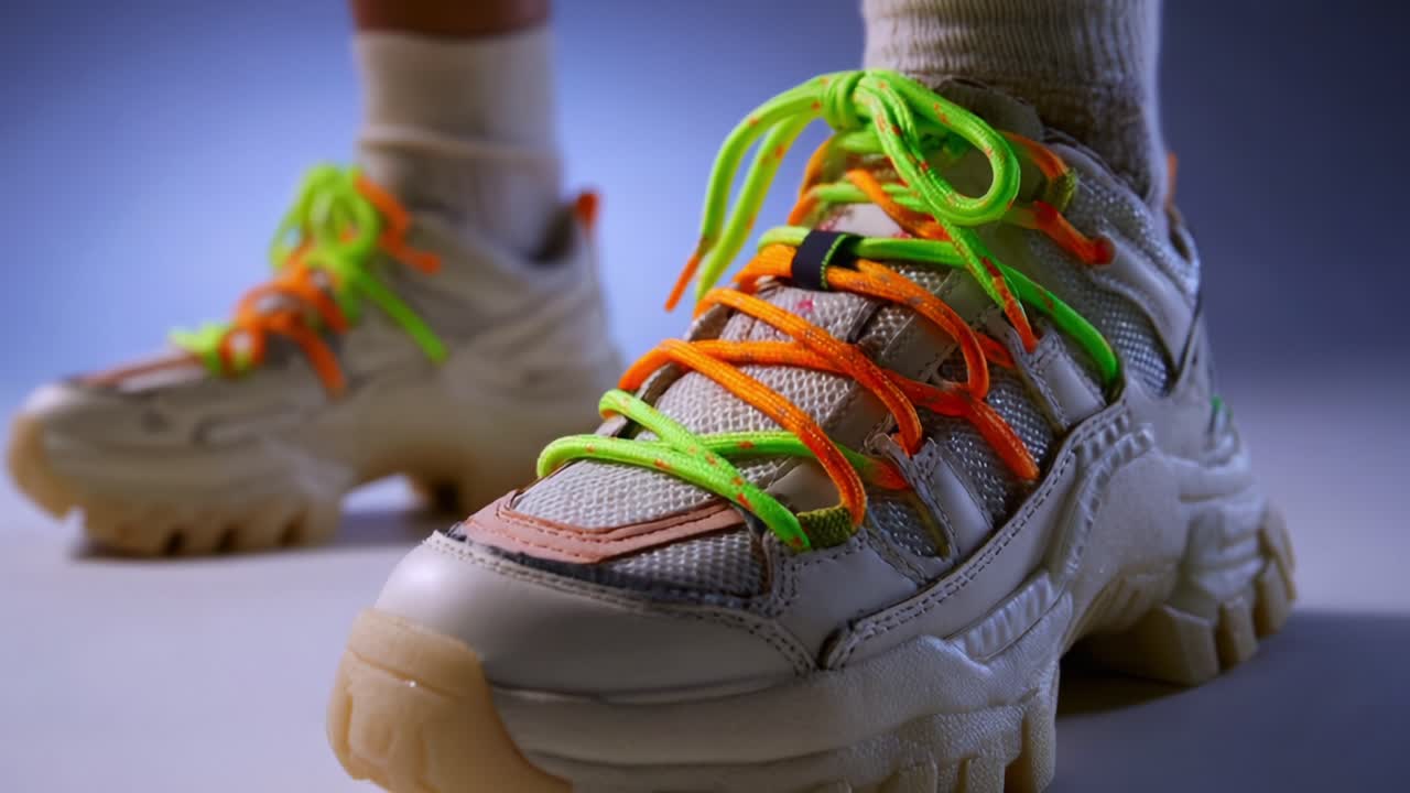 Vibrant Fashion Footwear: A Close-Up Exploration of Modern Sneakers Featuring Bold Neon Laces, Unique Design Elements, and Stylish Aesthetic That Highlights Contemporary Urban Trends and Comfort