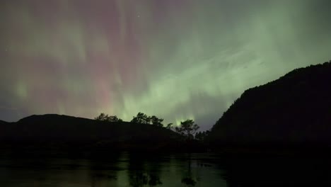 las luces del norte bailando en el cielo nocturno sobre la colina boscosa, la orilla del lago en noruega