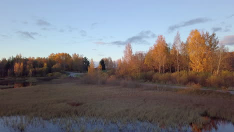 Dolly-Zoom-Effekt-Bei-Niedriger-Luftaufnahme-über-Dem-Teich-Bei-Farbenfrohem-Herbstsonnenuntergang-Mit-Den-Bäumen,-Die-Sich-Im-Wasser-Spiegeln